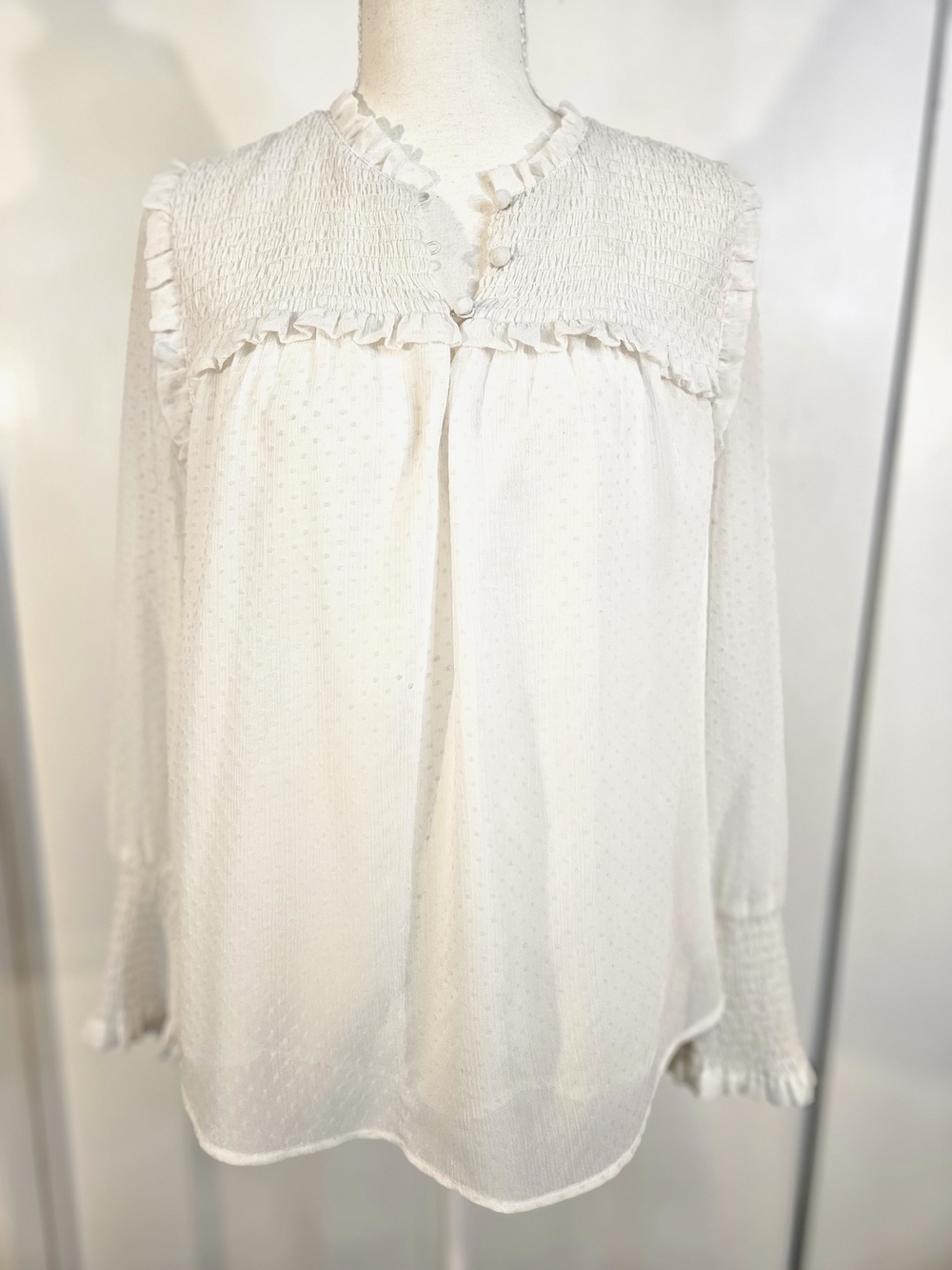 LOFT Cream Smocked Yoke Ruffle Blouse